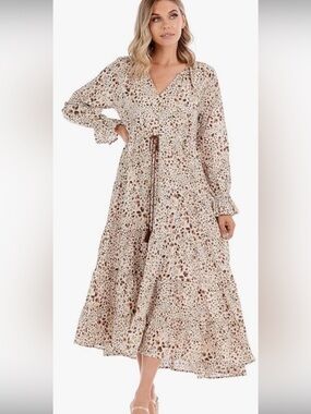Mud Pie Beige and Brown Animal-Print Maxi Dress